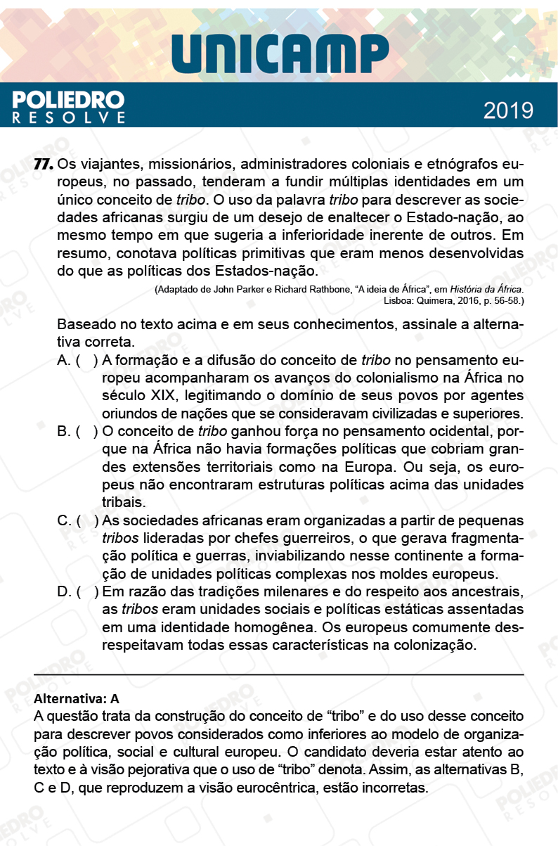 Questão 77 - 1ª Fase - PROVA Q e X - UNICAMP 2019