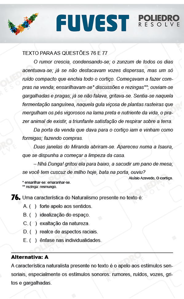 Questão 76 - 1ª Fase - PROVA V - FUVEST 2018