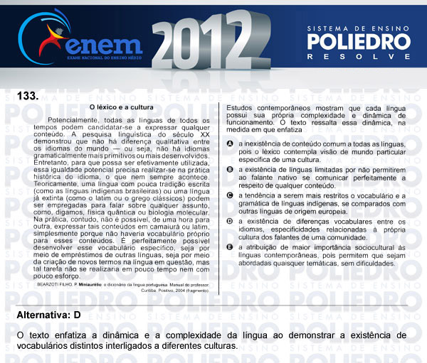 Questão 133 - Domingo (Prova rosa) - ENEM 2012