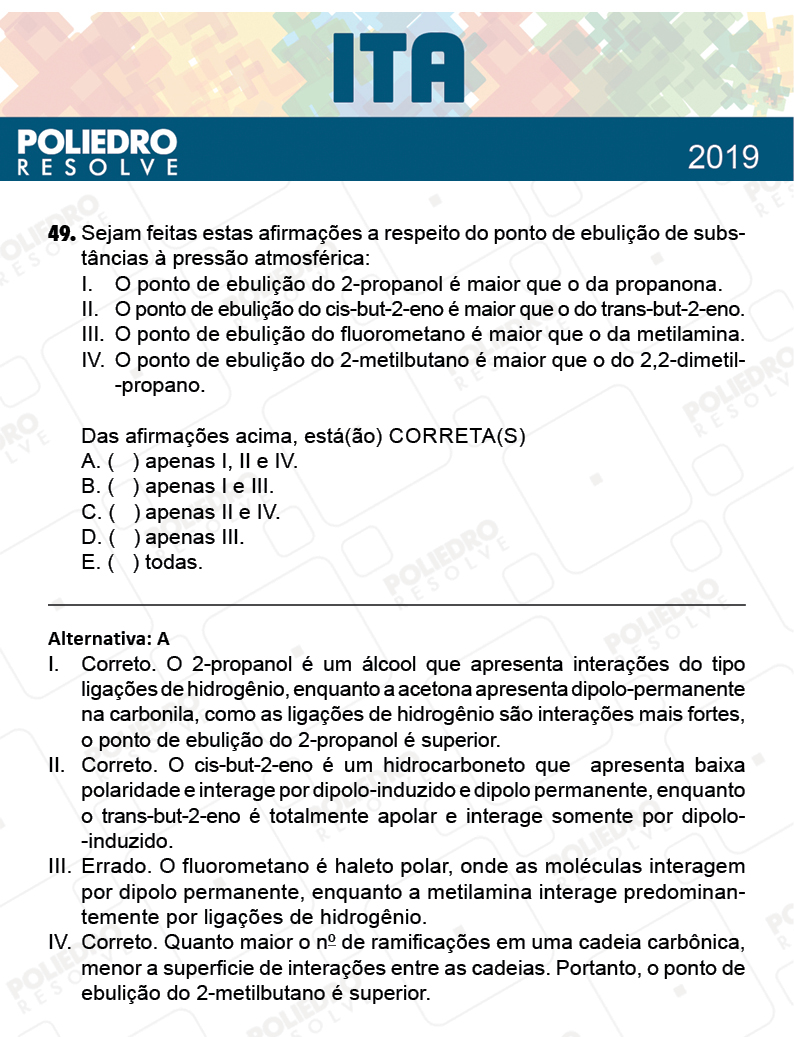 Questão 49 - 1ª Fase - FIS / POR / ING/ MAT / QUI - ITA 2019