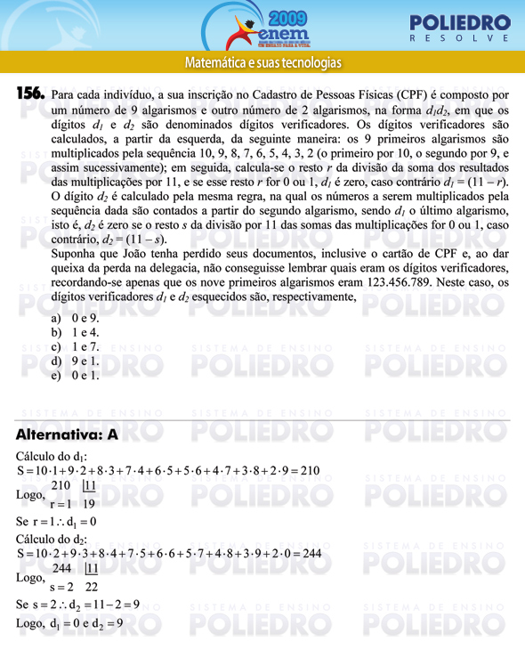 Questão 156 - Prova - ENEM 2009