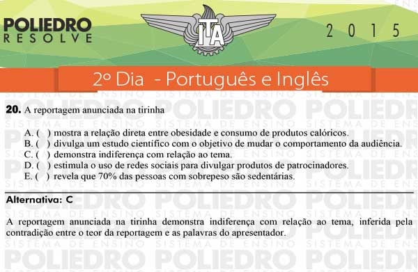 Questão 20 - Português e Inglês - ITA 2015