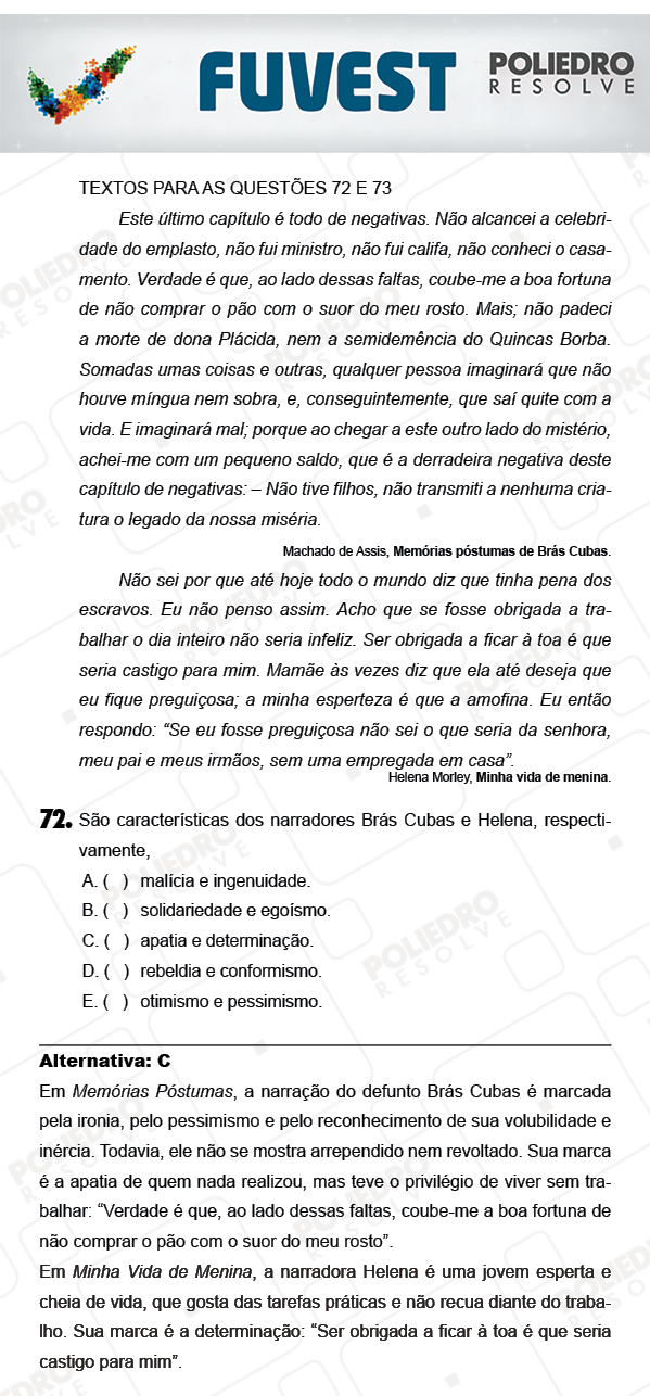 Questão 72 - 1ª Fase - PROVA V - FUVEST 2018