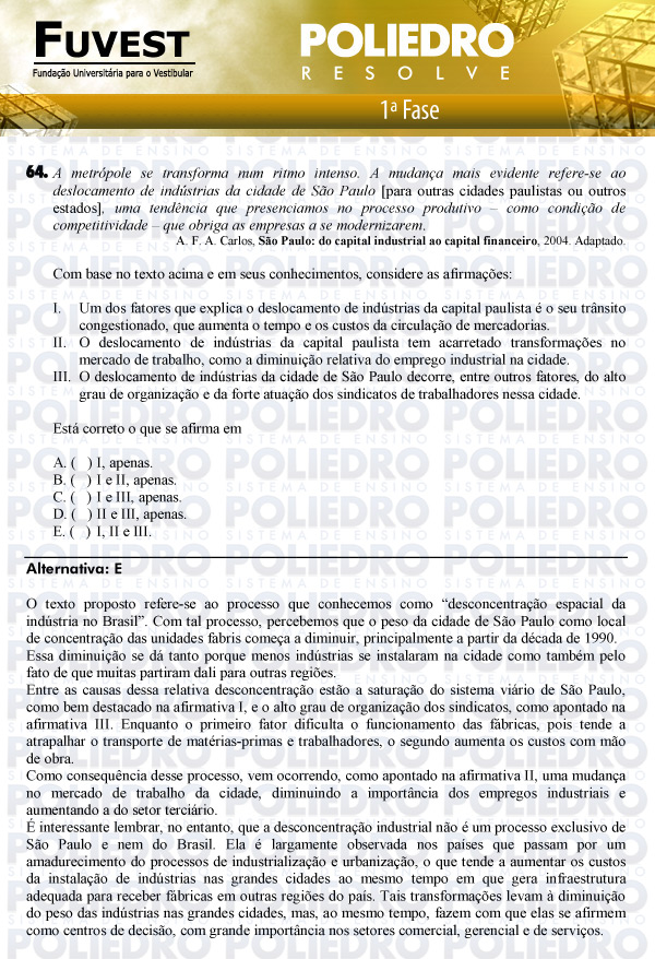 Questão 64 - 1ª Fase - FUVEST 2011