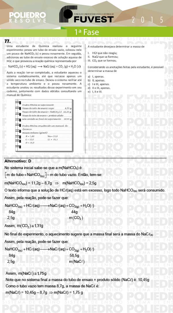 Questão 77 - 1ª Fase - FUVEST 2015