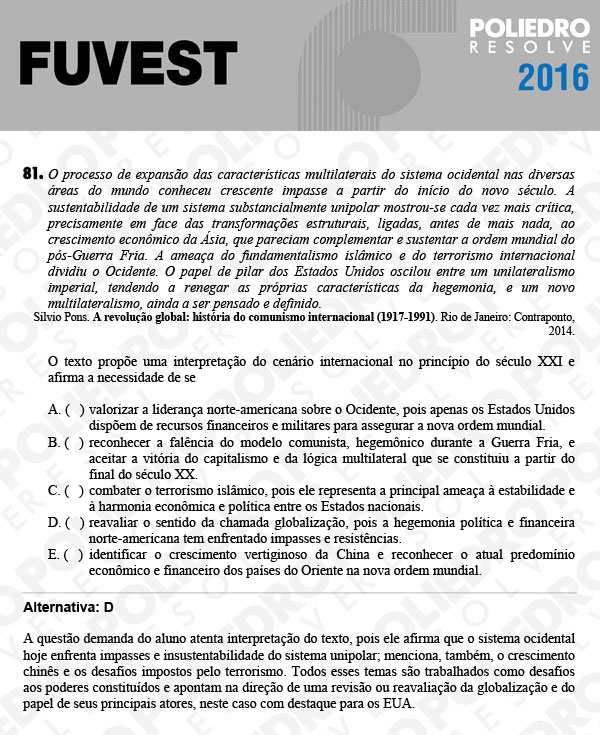 Questão 81 - 1ª Fase - FUVEST 2016