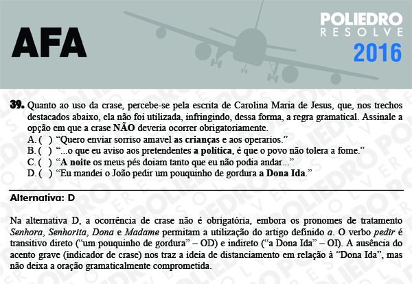 Questão 39 - Prova Modelo C - AFA 2016