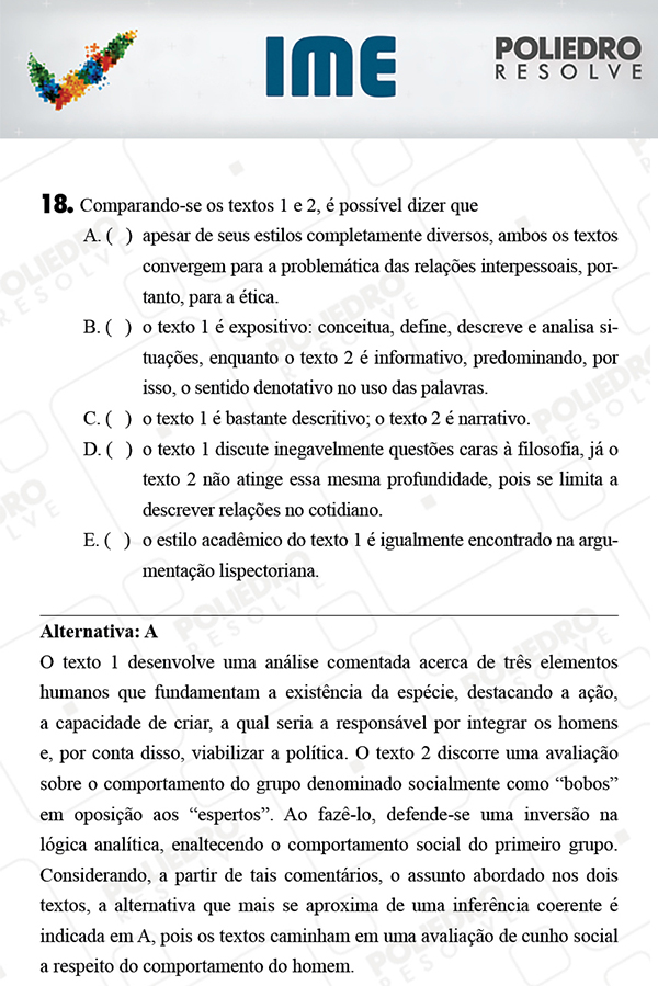 Questão 18 - Português / Inglês - IME 2018