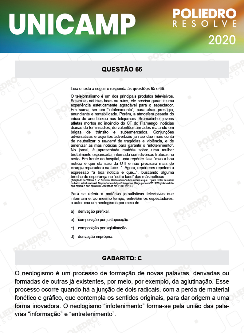 Questão 66 - 1ª Fase - Prova Q e X - UNICAMP 2020