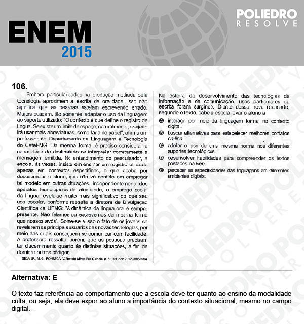 Questão 106 - Domingo (Prova Azul) - ENEM 2015