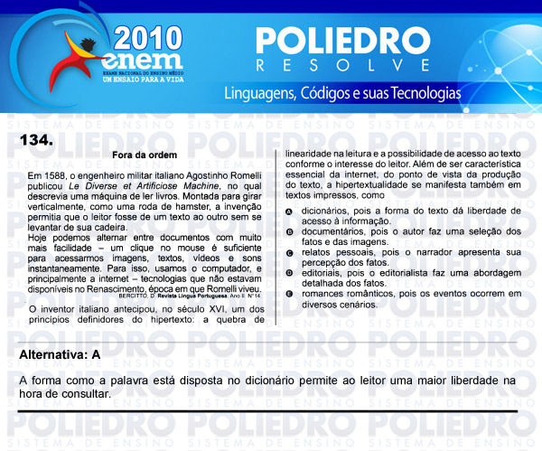 Questão 134 - Domingo (Prova rosa) - ENEM 2010