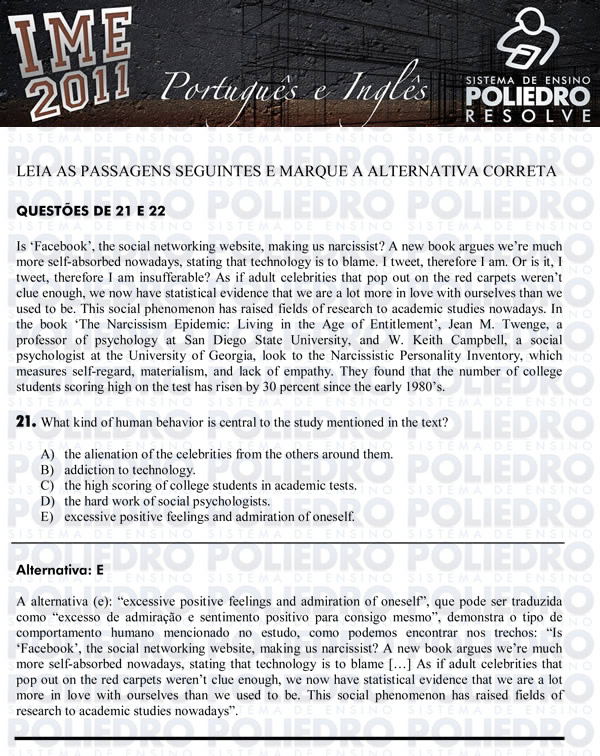 Questão 21 - Português e Inglês - IME 2011