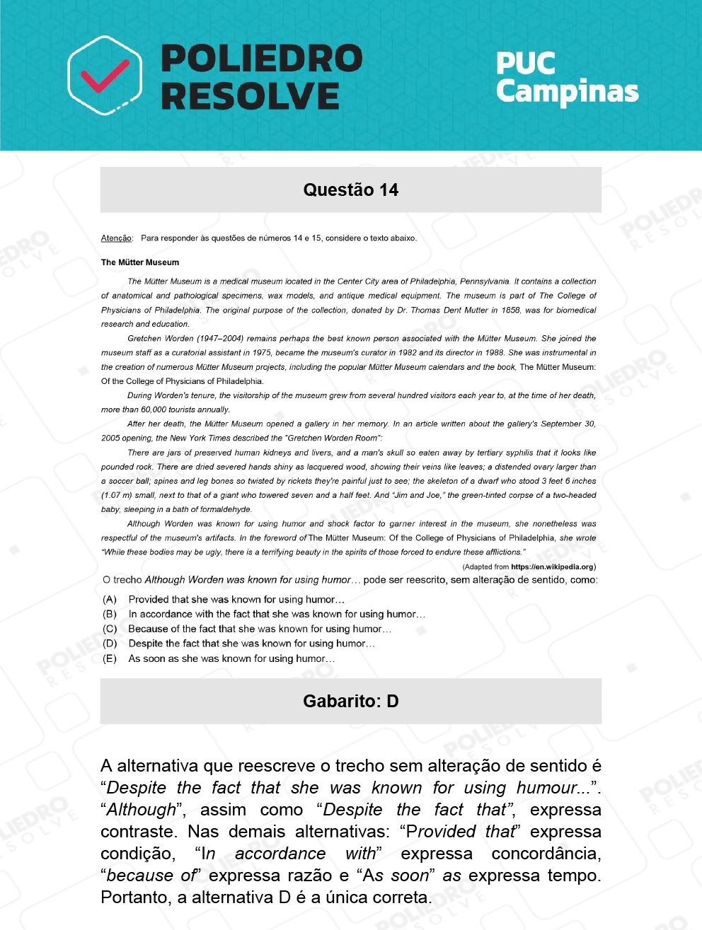 Questão 14 - Prova Geral e Medicina - PUC-Campinas 2022