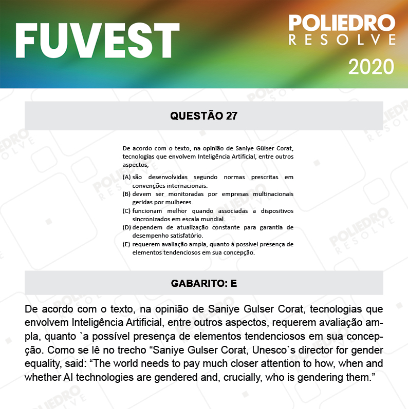 Questão 27 - 1ª Fase - Prova V - FUVEST 2020