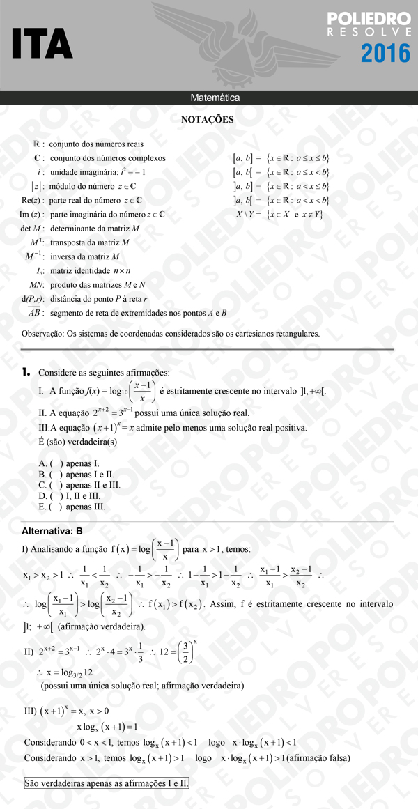 Questão 1 - Matemática - ITA 2016