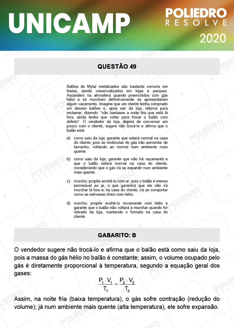 Questão 49 - 1ª Fase - Prova Q e X - UNICAMP 2020