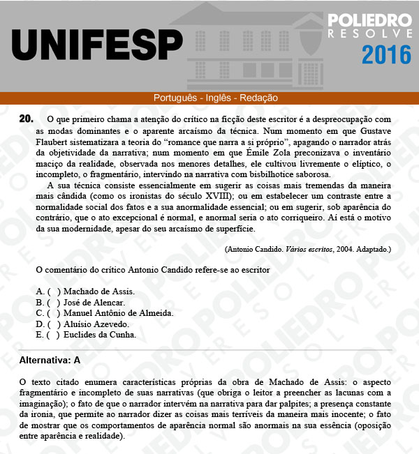 Questão 20 - Línguas - UNIFESP 2016