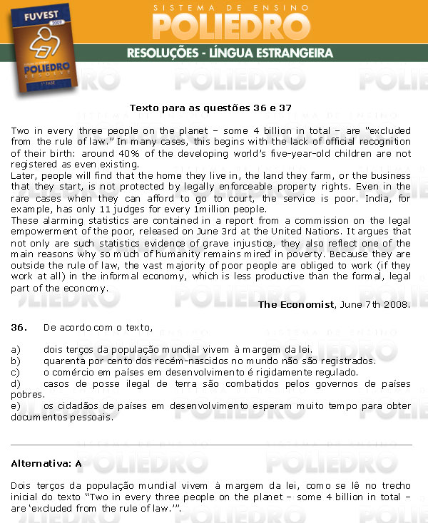 Questão 36 - 1ª Fase - FUVEST 2009