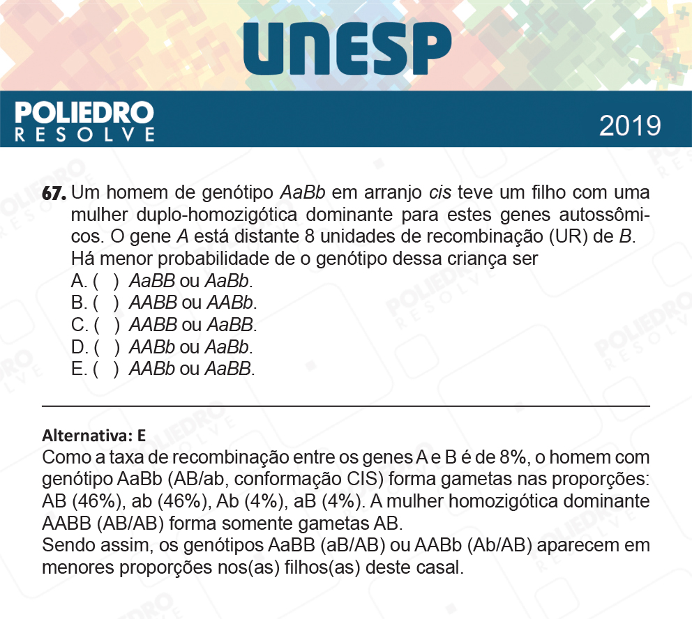 Questão 67 - 1ª Fase - UNESP 2019