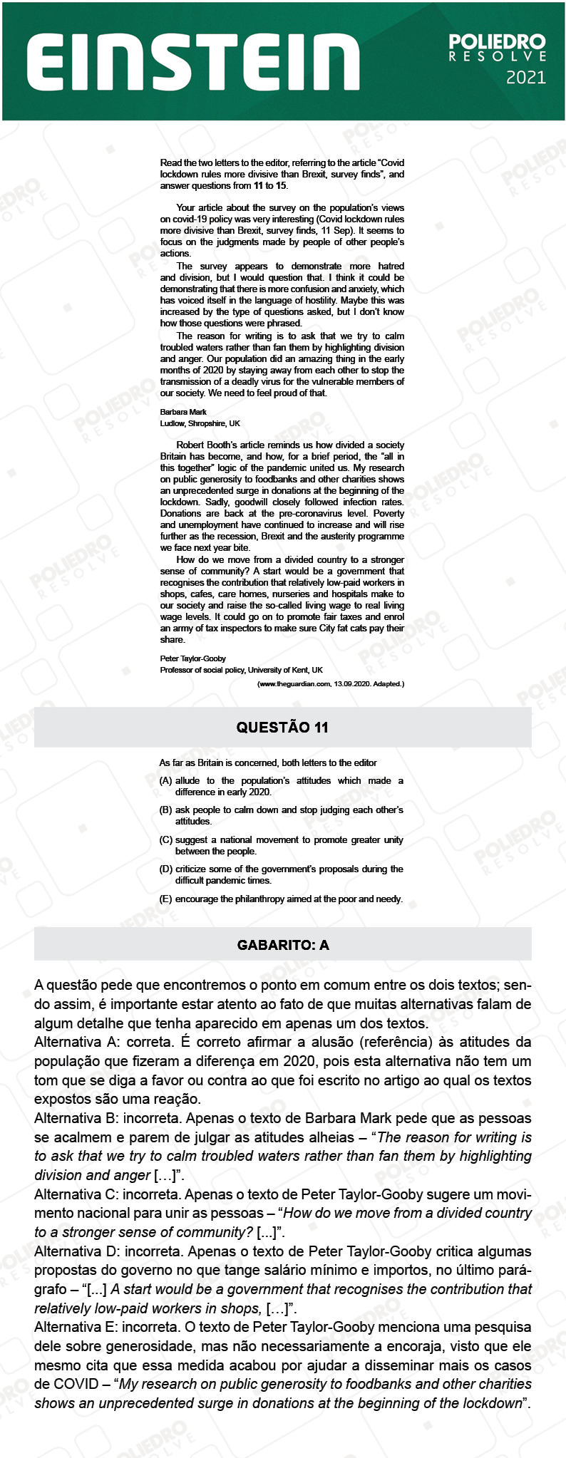 Questão 11 - Fase única - EINSTEIN 2021