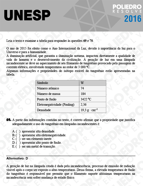 Questão 69 - 1ª Fase - UNESP 2016