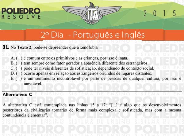 Questão 31 - Português e Inglês - ITA 2015