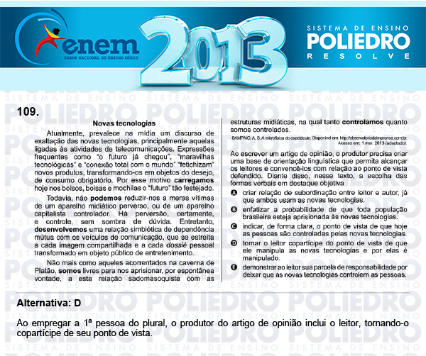 Questão 109 - Domingo (Prova Cinza) - ENEM 2013