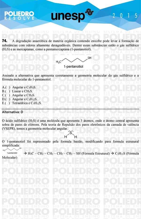 Questão 74 - 1ª Fase - UNESP 2015